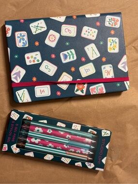 Studio Navy Mahjong Tile Floral Journal with Pink Elastic & Floral Gel Pen Set